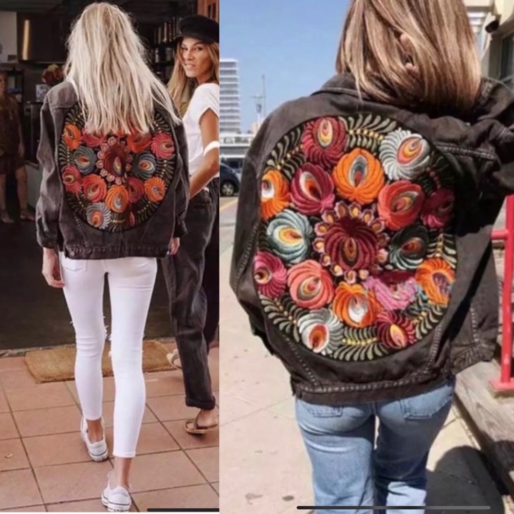 Boho floral embroidered Distressed denim Jean Jacket - Picture 2 of 9